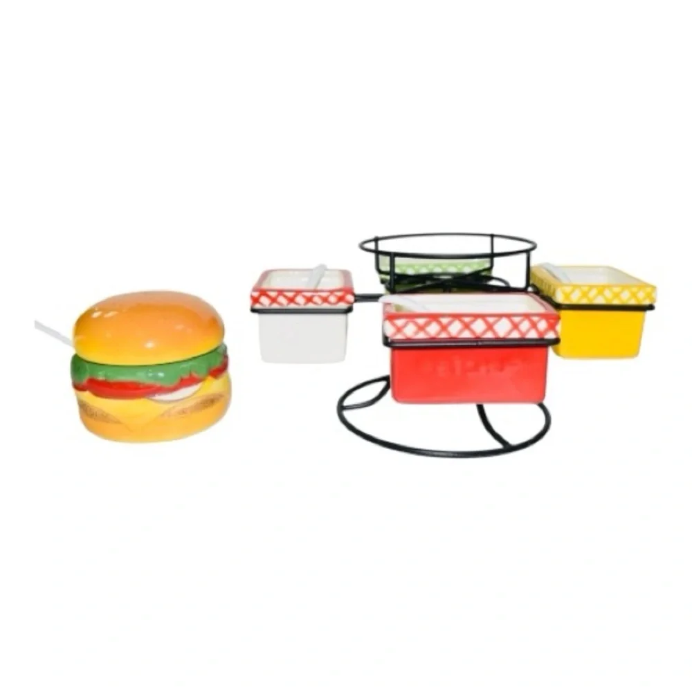 Pier 1 Imports Hand-Painted Earthenware BURGER Condiments Spinner Tray